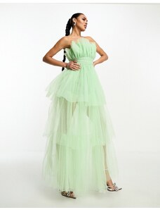 Lace & Beads - Vestito lungo a fascia in tulle verde mela con fondo asimmetrico