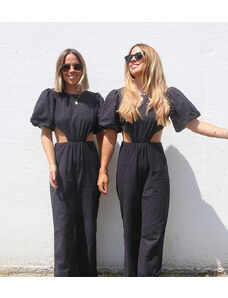 Labelrail x Collyer Twins - Tuta jumpsuit nera in pizzo con maniche a sbuffo e cut-out-Nero