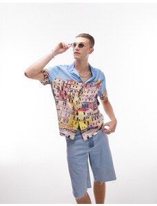Topman - Camicia a maniche corte con rever e stampa multicolore