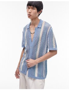 Topman - Camicia in maglia all'uncinetto blu a righe con bottoni
