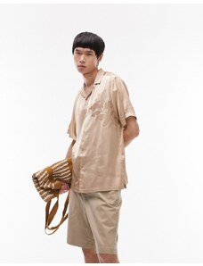 Topman - Camicia a maniche corte vestibilità classica con rever in raso color champagne con ricamo-Brown