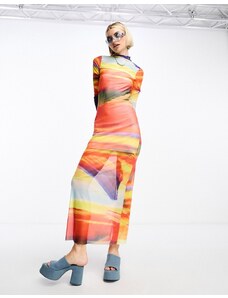 Noisy May - Vestito lungo in tessuto a rete con stampa di tramonto multicolore