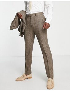 Topman - Pantaloni da abito slim in caldo misto lana marrone con motivo spigato