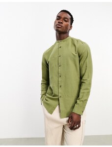 ASOS DESIGN - Camicia di lino con collo serafino verde kaki vestibilità classica