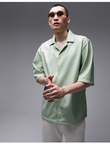 Topman - Camicia premium a maniche corte comoda in pelle sintetica verde salvia con rever