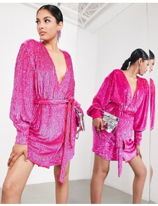 ASOS EDITION - Vestito corto avvolgente rosa vivo con paillettes