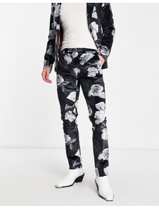 Twisted Tailor - Lincoln - Pantaloni da abito skinny neri e grigi con stampa a fiori-Grigio