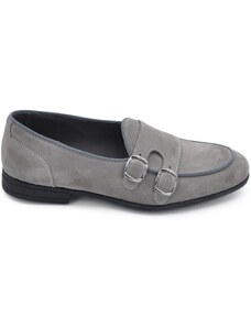 Malu Shoes Scarpe mocassino uomo doppia fibbia argento in vera pelle camoscio grigio fondo in gomma ultraleggera cuciture contrasto