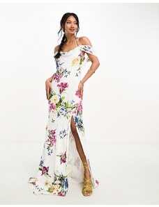 ASOS DESIGN - Vestito lungo asimmetrico aperto dietro con lacci e maniche ad aletta bianco con stampa a fiori-Multicolore