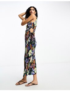 ASOS DESIGN - Vestito midi plissé accollato con cut-out e fermacorda sul lato nero a fiori-Multicolore
