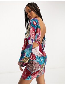 ASOS DESIGN - Vestito corto a maniche lunghe a fiori decorato con cut-out laterale-Multicolore