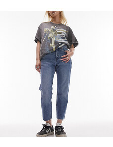 Topshop Petite - Jeans dritti cropped con bordi grezzi a vita medio alta blu medio