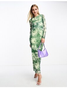 Vero Moda - Vestito midi fasciante a maniche lunghe in rete con stampa astratta verde