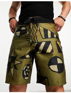 Volcom - Pantaloncini marroni con stampa geometrica in coordinato-Brown