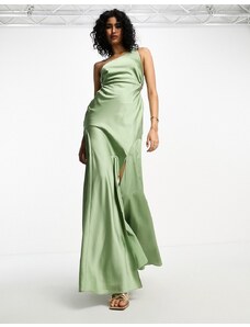 ASOS DESIGN - Vestito lungo monospalla in raso verde salvia con dettaglio in vita