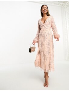 Beauut - Vestito midi a portafoglio color cipria decorato da damigella-Rosa