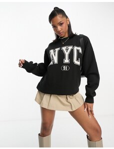 Pull&Bear - Felpa oversize nera stile college con logo "NYC"-Nero