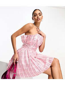 Esclusiva Collective the Label - Vestito corto a fascia rosa a quadri decorato con paillettes