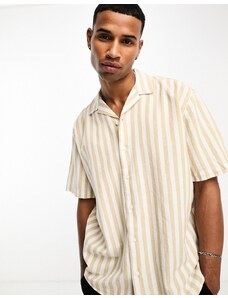 Selected Homme - Camicia a maniche corte in lino bianca e beige a righe con colletto a rever-Bianco