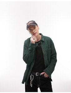 Topman - Camicia a maniche lunghe comoda verde scuro in velluto a coste larghe
