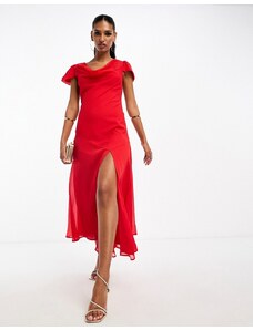 ASOS DESIGN - Vestito midi rosso in chiffon con scollo ad anello, maniche a sbuffo e fondo asimmetrico
