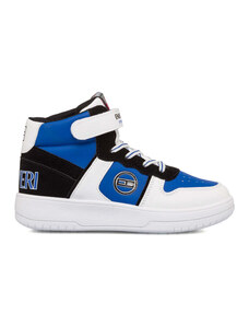 Sneakers alte bianche, nere e blu da bambino con logo laterale Enrico Coveri