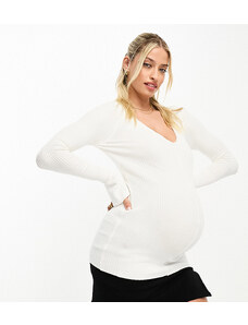 ASOS Maternity ASOS DESIGN Maternity - Maglione color crema a coste con scollo a V-Bianco
