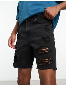 ADPT - Pantaloncini di jeans invecchiati neri a fondo ampio-Nero