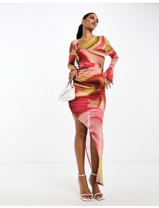 ASOS DESIGN - Vestito midi asimmetrico in rete con stampa a macchie con cut-out-Multicolore