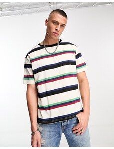 Another Influence - T-shirt bianco sporco a righe con spalle scese