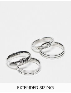 ASOS DESIGN - Confezione da 4 anelli sottili a fascia in acciaio inossidabile resistente all'acqua argentati con motivo inciso-Argento