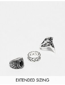 ASOS DESIGN - Confezione da 3 anelli color argento brunito con teschio di uccello e pietra nera