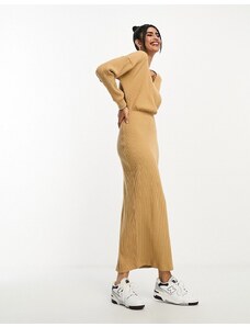 ASOS DESIGN - Vestito midi super morbido cammello a coste a portafoglio con maniche lunghe-Brown