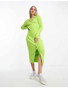 Monki - Vestito lungo verde a coste in maglia con colletto stile polo