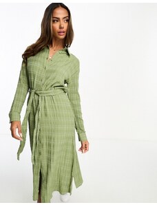 Miss Selfridge - Vestito camicia lungo testurizzato kaki con cintura-Verde