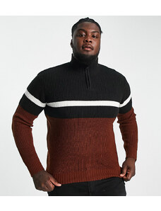 Le Breve Plus - Maglione nero e marrone color block a coste con zip corta