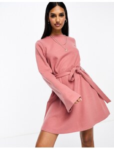 ASOS DESIGN - Vestito maglia corto a trapezio super morbido rosa polvere con maniche svasate e cintura