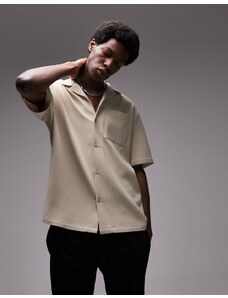 Topman - Camicia a maniche corte plissé vestibilità classica con rever color pietra-Neutro