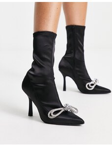 ASOS DESIGN - Empress - Stivali a calza con tacco neri decorati con fiocco-Nero