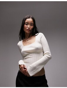 Topshop - Top a maniche lunghe color avorio in maglia con scollo squadrato-Bianco