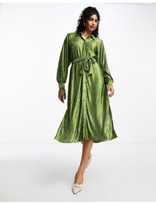 Y.A.S - Vestito camicia plissé verde oliva con cintura allacciata