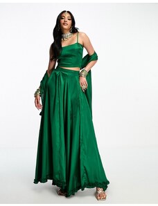 Kanya London - Lehenga - Gonna svasata a ruota con volant e sciarpa da damigella verde smeraldo