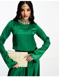 Kanya London - Lehenga - Crop top verde smeraldo da damigella a maniche lunghe
