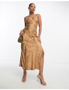 Miss Selfridge - Vestito lungo in raso oro jacquard con allacciatura sul retro