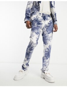 Twisted Tailor - Judd - Pantaloni da abito bianchi e blu inchiostro con stampa a fiori