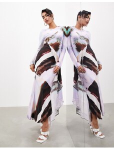 ASOS EDITION - Vestito lungo a maniche lunghe con volant lilla con stampa artistica astratta-Multicolore
