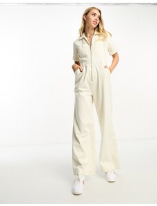 ASOS DESIGN - Tuta jumpsuit in twill color crema con fondo ampio e colletto-Bianco