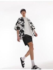 Topman - Camicia a maniche corte super oversize testurizzata nera e bianca a fiori con rever-Multicolore