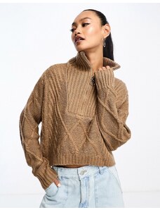 SNDYS - Maglione in misto lana a trecce cammello con zip corta-Brown