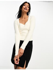 Abercrombie & Fitch - Top a maniche lunghe in maglia color crema con scollo a cuore-Bianco